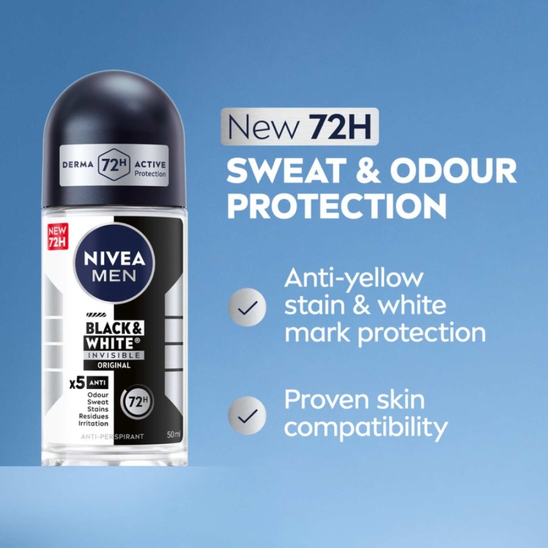 NIVEA MEN Black &amp; White Invisible Antiperspirant Roll-On Deodorant, Original, 72H Active Protection, 50ml