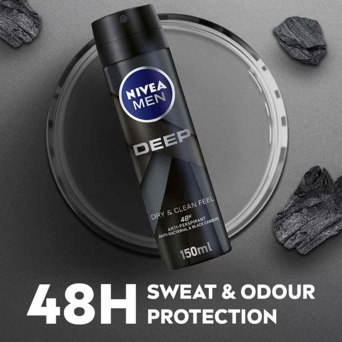 NIVEA MEN Antiperspirant Spray for Men DEEP Black Carbon 150ml Pack of 3