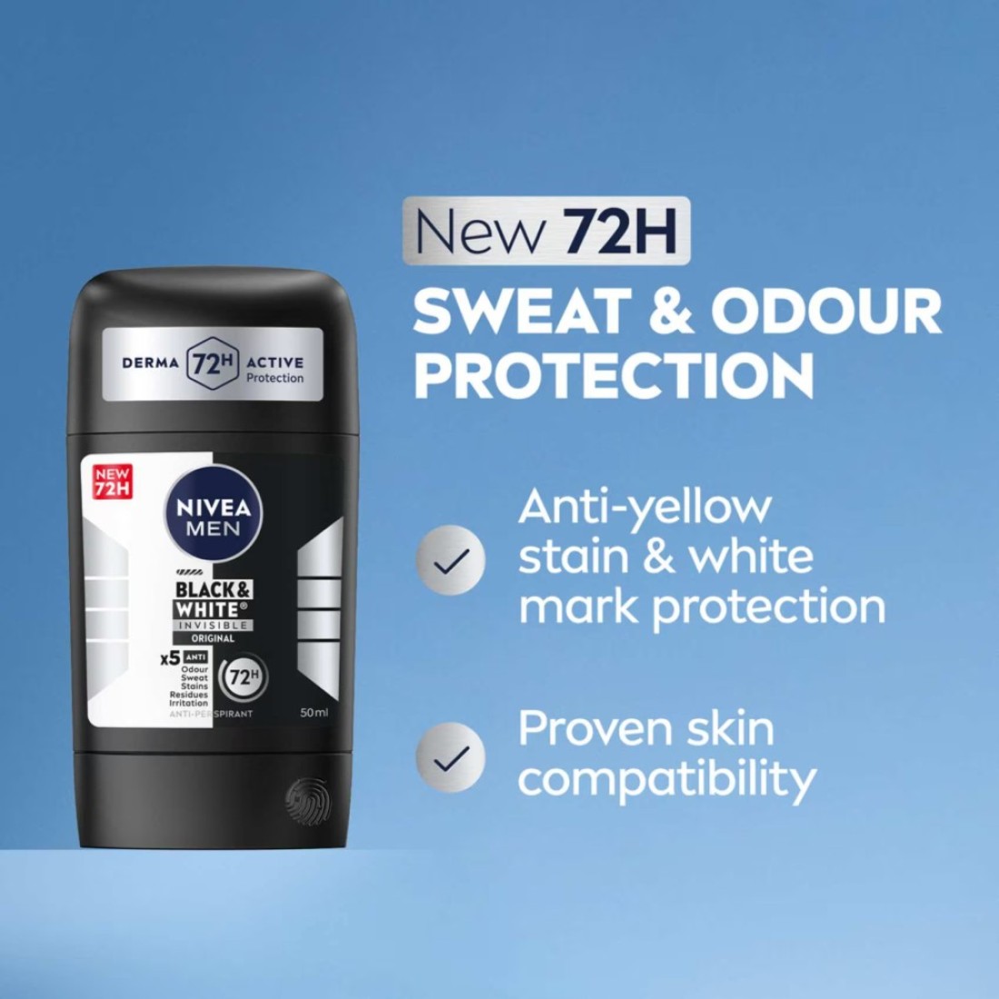NIVEA MEN Black &amp; White Invisible Antiperspirant Deodorant Stick, Original, 72H Active Protection, 50ml, Pack of 2