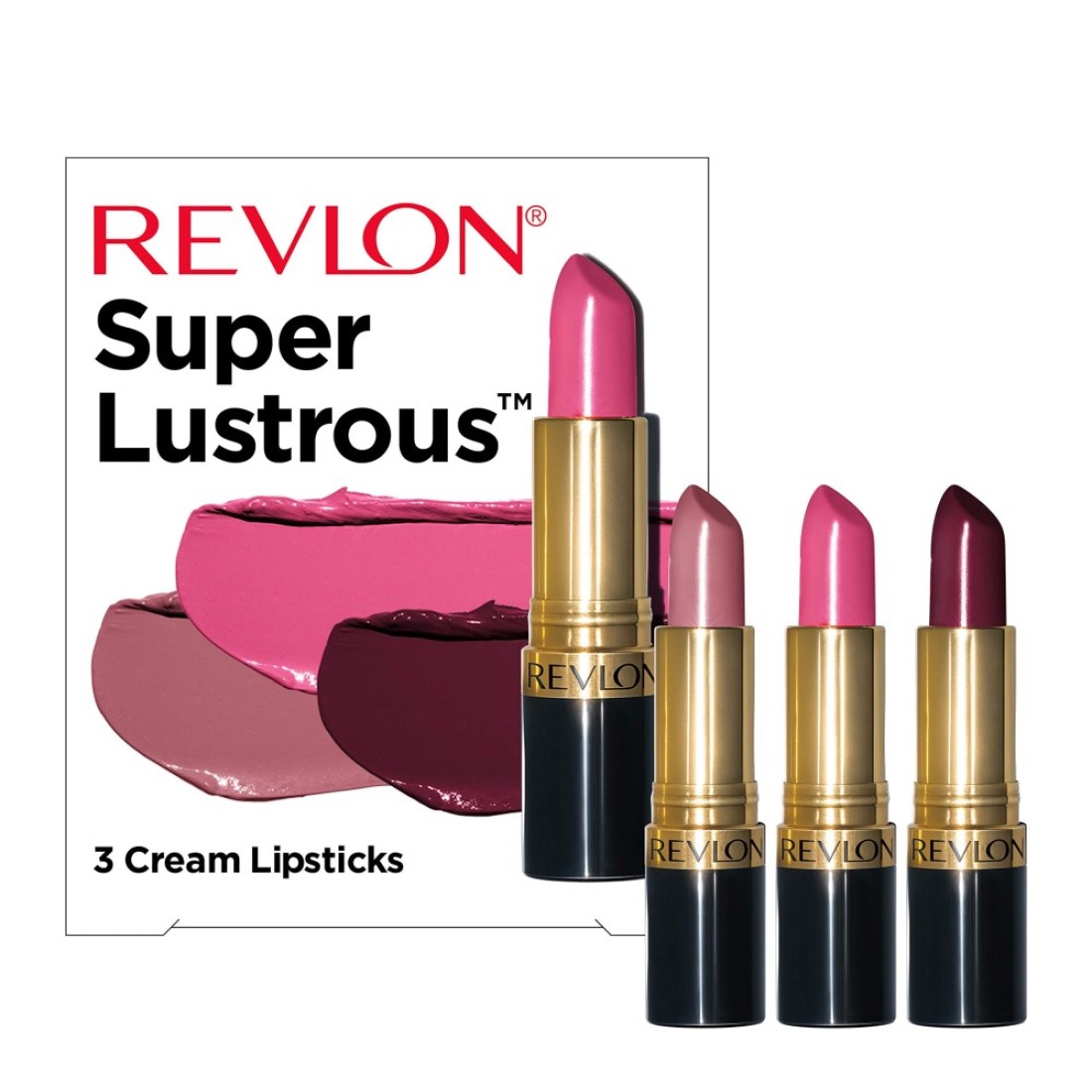 REVLONLipstick Set Super Lustrous 3 Piece Gift Set High Impact Moisturizing Cream Finish in Pink Plum Berry Pack of 3