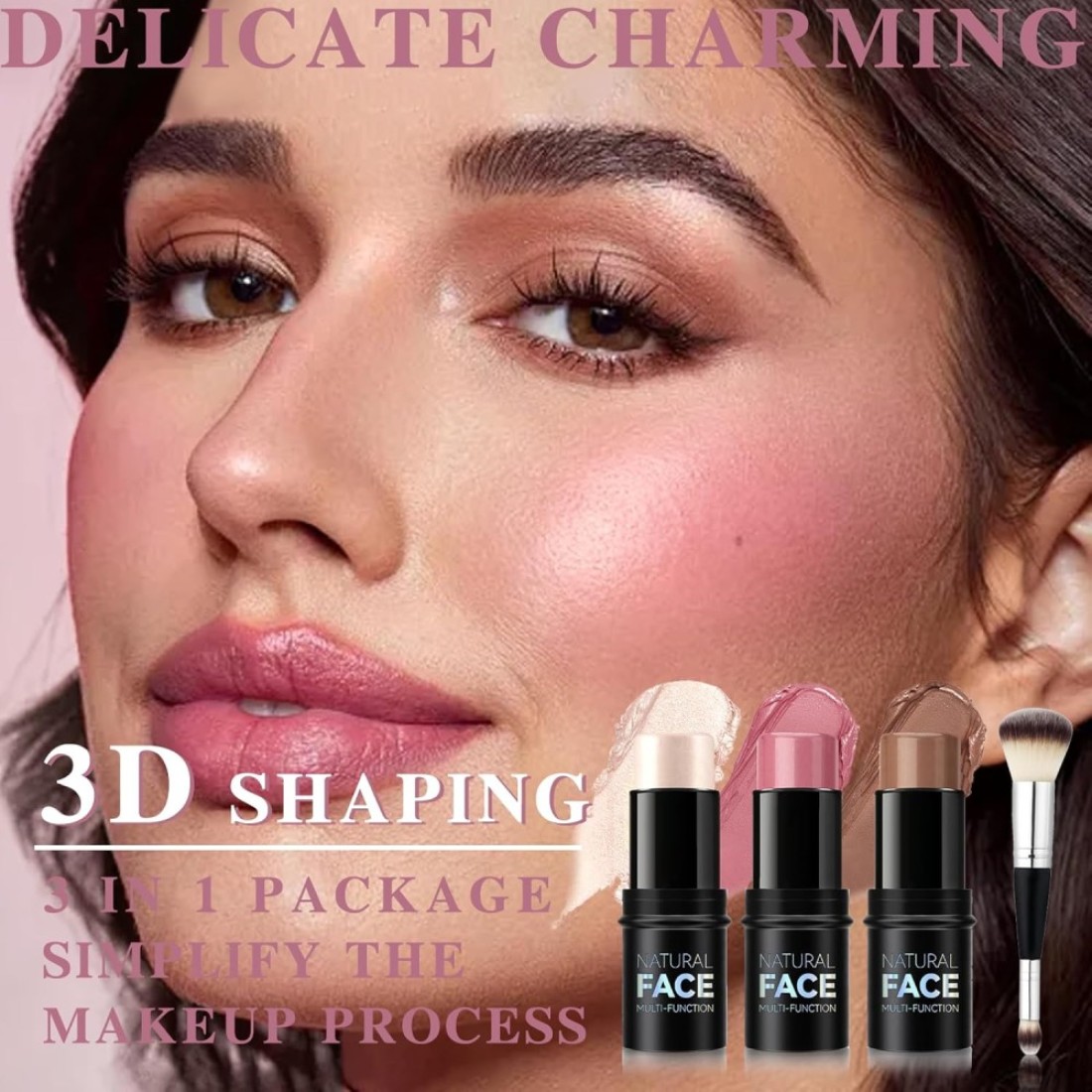 3 Colors Cream Contour Highlighter Blush Stick Trio Set with Dual Head Brush Waterproof Longlasting Bronzer Blusher for Cheeks Matte Dewy Finish Multifunctional Face Professional Makeup Kit