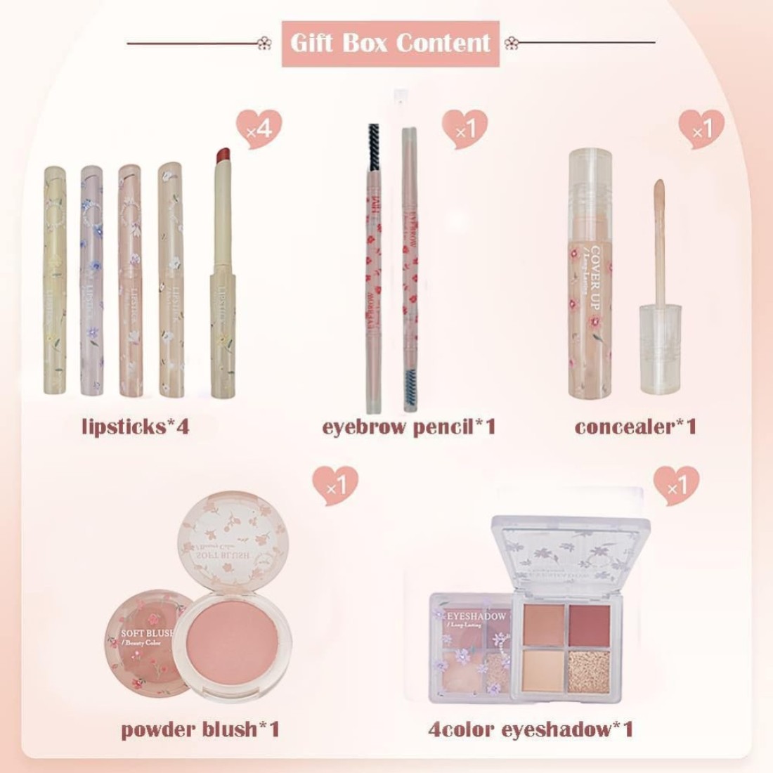 Makeup Kit for Women 8 Pieces Makeup Sets 4 Color Lipsticks Eyeshadow Eyebrow Pencil Concealer Blush Palette 8Pcs Gift Box Makeup Bundle Value Set