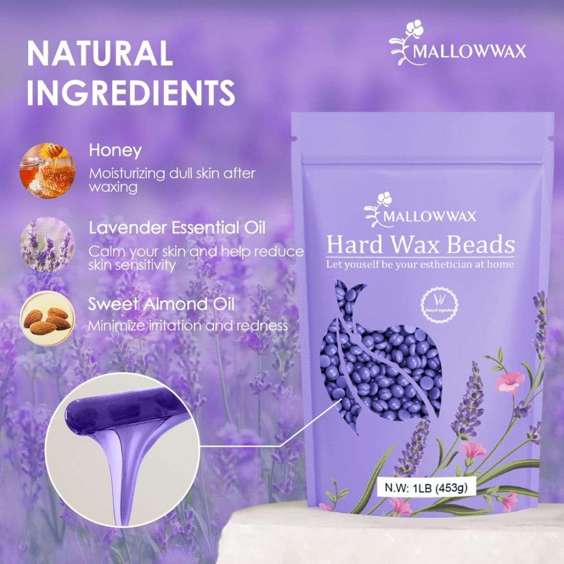 Hard Wax Beads Lavender Stripless Hard Wax Beans Wax beads for Hair Removal Natural Gentle Wax for Brazilian Bikini Waxing Beads for Beginners Coarse Body Hair Specific