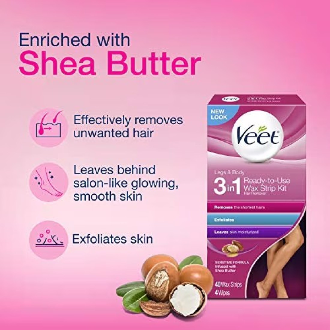 VeetReadyToUse Waxing Kit For Women Wax Strips For Body Hair Removal Wax Kit For Ingrown Hair Treatment Personal Care Product Hair Remover 40ct Waxing Strips 4ct Body Wipes