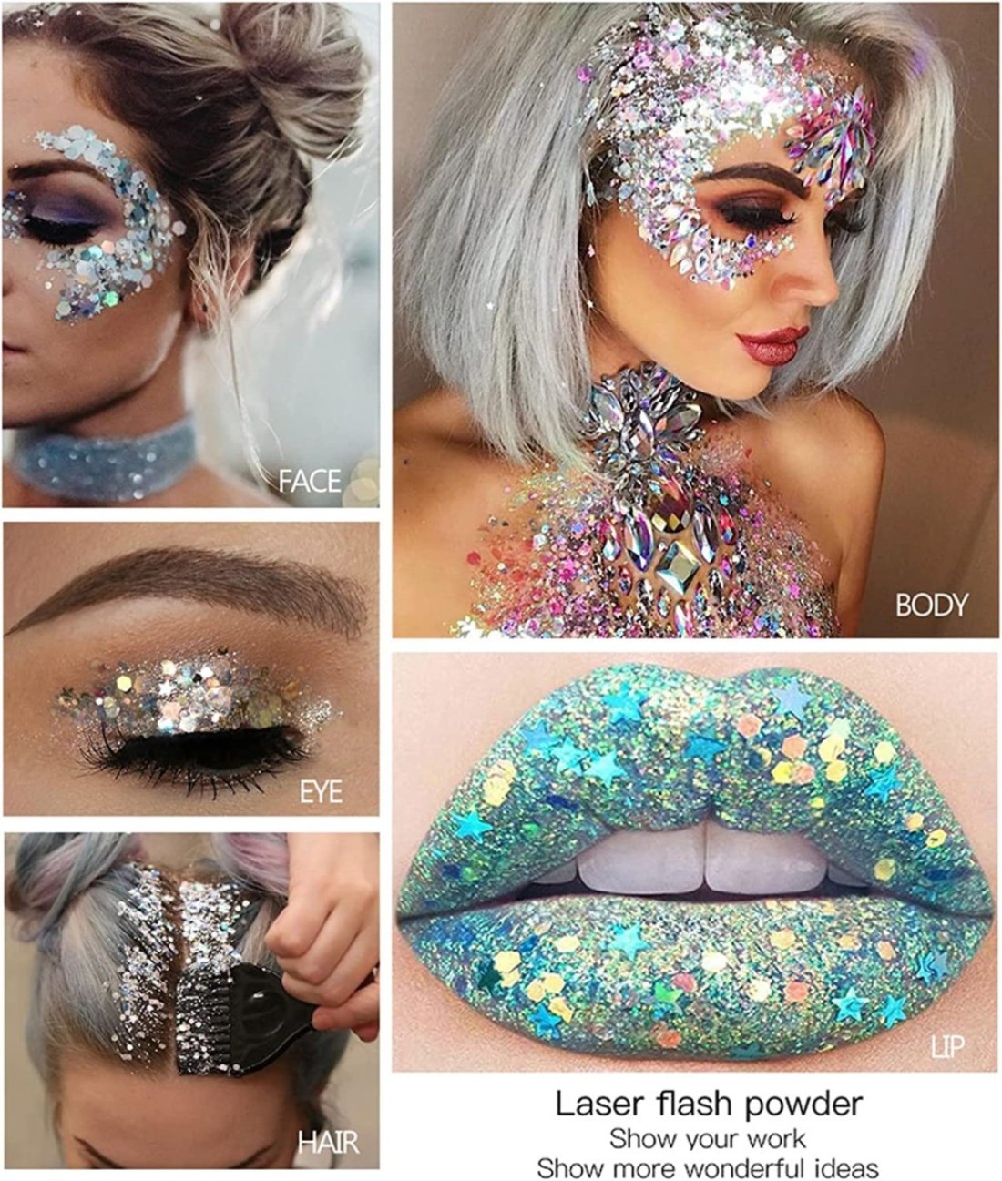 Body Glitter Gel 16 Color Sequins Glitter Gel Easy to ApplyClean Festival Glitter Christmas Makeup for Women Long Lasting Sparkling Suitable for Body Face Hair Eyes Silver Chunky Glitter