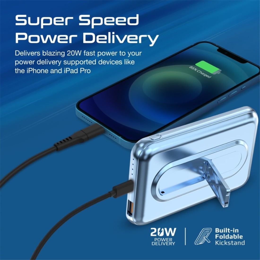 Promate Magnetic Wireless Power Bank, 10000mAh 15W Qi Wireless Mag-Safe Battery Pack with 20W USB-C Power Delivery Port, 18W QC 3.0 Port and Foldable Stand for iPhone 13, iPad Air PowerMag-10Pro Blue