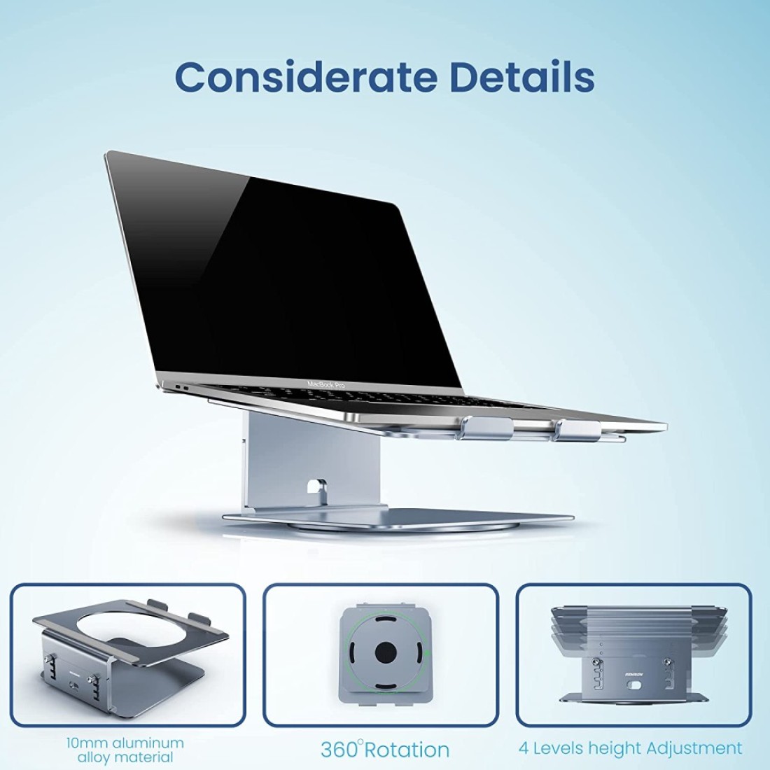 Remson Aluminum Laptop Stand Holder for Desk, 360 Rotating Aluminum Base, Compatible for MacBook12/13, MacBook Pro 13/15, MacBook Air 13, Lenovo, HP, Dell, Samsung and More Laptops from 13&quot; - 17&quot;