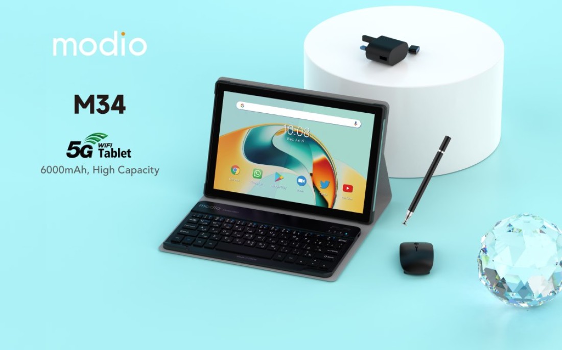 تابلت Modio M34 بشاشة 10.1 بوصة ثنائي شريحة الاتصال وذاكرة وصول عشوائي 8 جيجابايت وذاكرة تخزين داخلية 512 جيجابايت 5G مع لوحة مفاتيح وسماعة وقلم رقمي وغطاء خلفي