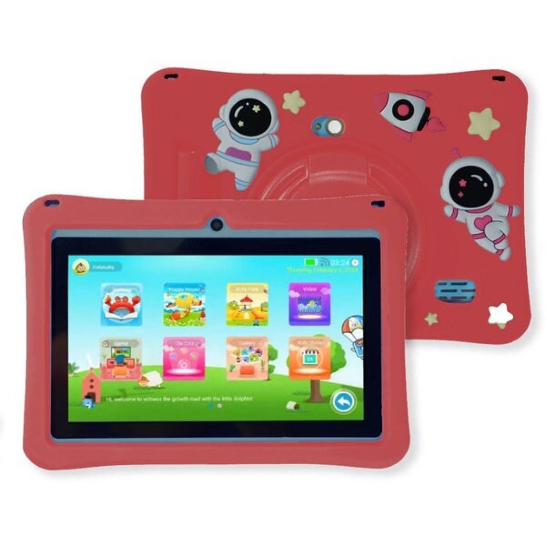 Oteeto K3 Tablet 7&quot; inch Screen Octa Core Processor 128gb 4gb RAM 3000mAh Battery Wi-Fi Includes Lanyard, Kids Bracelet , Case, (Red)