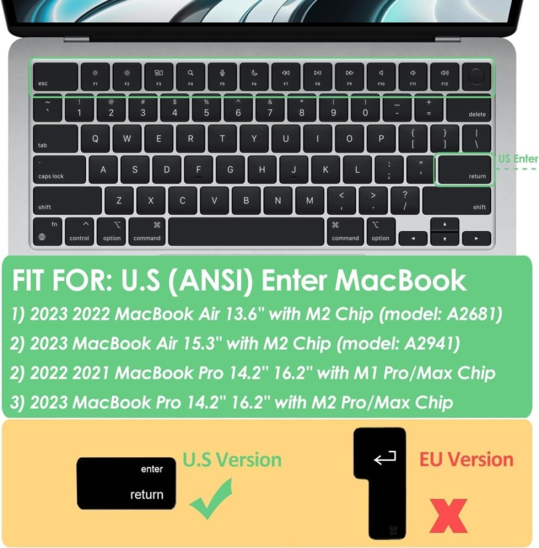 US Version Arabic Keyboard Cover for MacBook Air 15/13.6&quot; 2022,2023 Model A2941/A2681 &amp; MacBook Pro 14&quot; 2023,2022, Model A2442, A2779 M1 &amp; MacBook Pro 16&quot; 2023,2022, Model A2485,A2780 M1, Black
