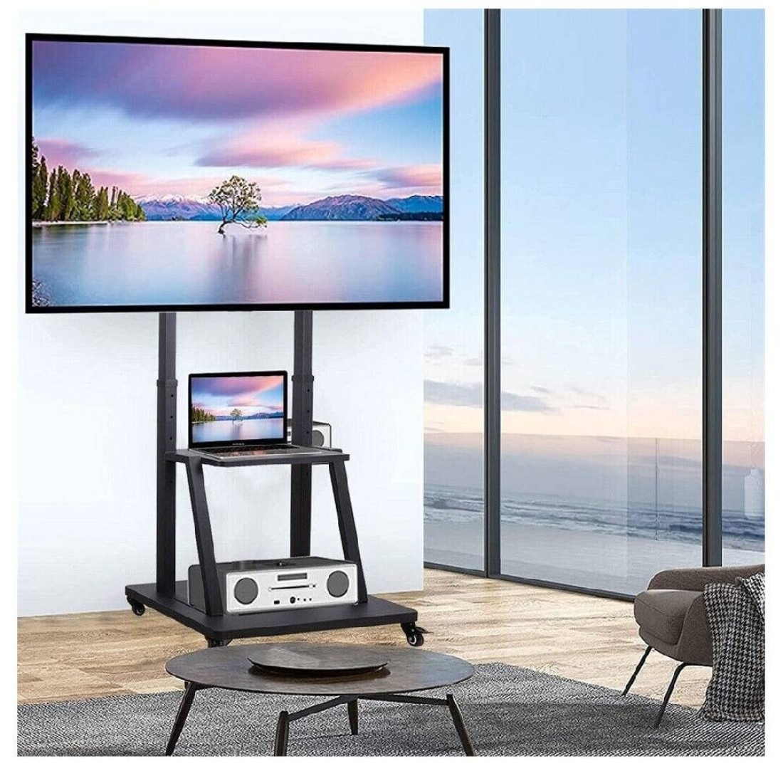 Mobile TV Cart TV Stand With Lockable Wheels for 32 to 75&quot; Inch Plasma LCD LED Flat or Curved Screen TVs up to 100lbs - Height Adjustable (32-75 inch)
