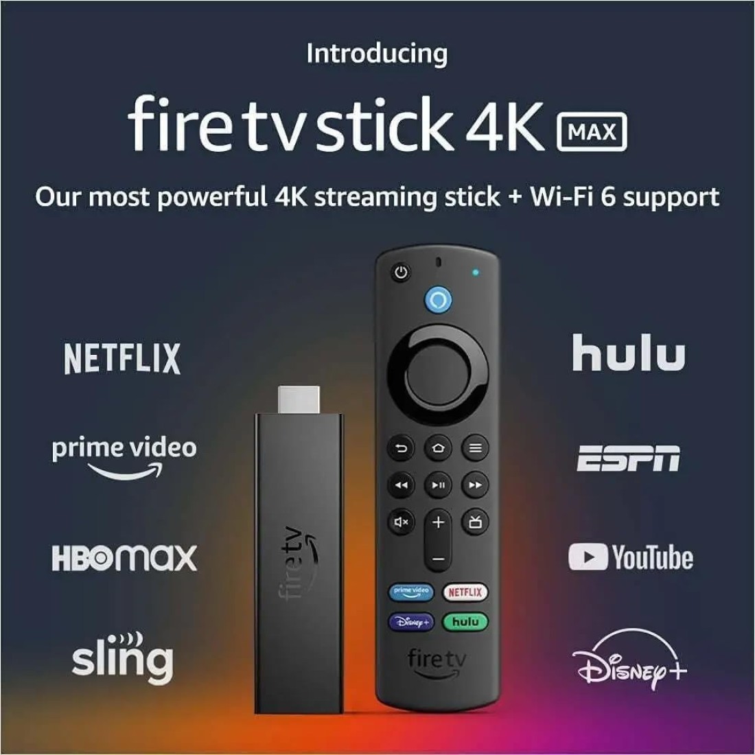 Fire TV Stick 4K MAX with New Alexa Voice Remote, Plays up to 4K HDR Video, 16GB Storage, 1 x HDMI, Dual-Band Wi-Fi 6E,HDR10+, HLG, Dolby Vision Support
