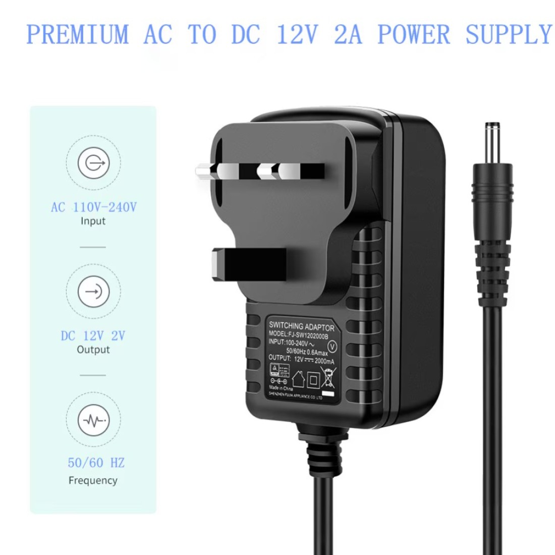 XBW - DC Power Supply 12V 2A, AC 110-240V to DC 12V Adaptor Power Cable Led Transformer Converter Portable Wall Charger