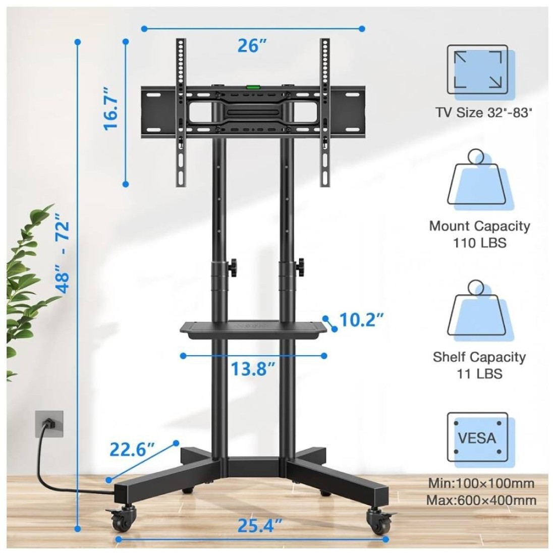 Rolling TV Stand, Mobile TV Stand with Upgraded Wheels For 32-70 Inch LCD LED OLED Flat Screen TVs up to 50 kg, Height Adjustable TV Stand With Laptop Shelf