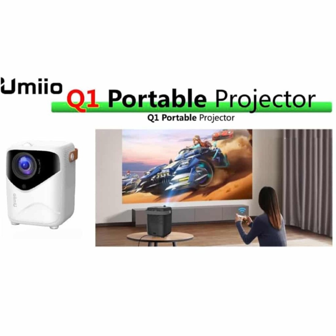 Umiio Q1 Portable Video Projector 2.4/5G WiFi Bluetooth Quadrangle Trapezoid 0.8-5M Projection Distance 1920 * 1080 Resolution Android Projector For Move Music TV Game Casting with Tripod - White