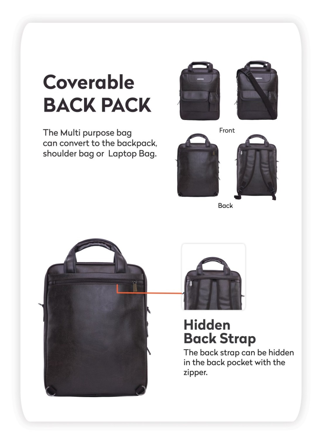 PARA JOHN Vertical Slipcase Secure Business Professional Multi-Purpose Travel Laptop Bag with Hideaway Handles, Cross Shoulder Strap, Protective Padding / Office Bag / Macbook Bag / Backpack