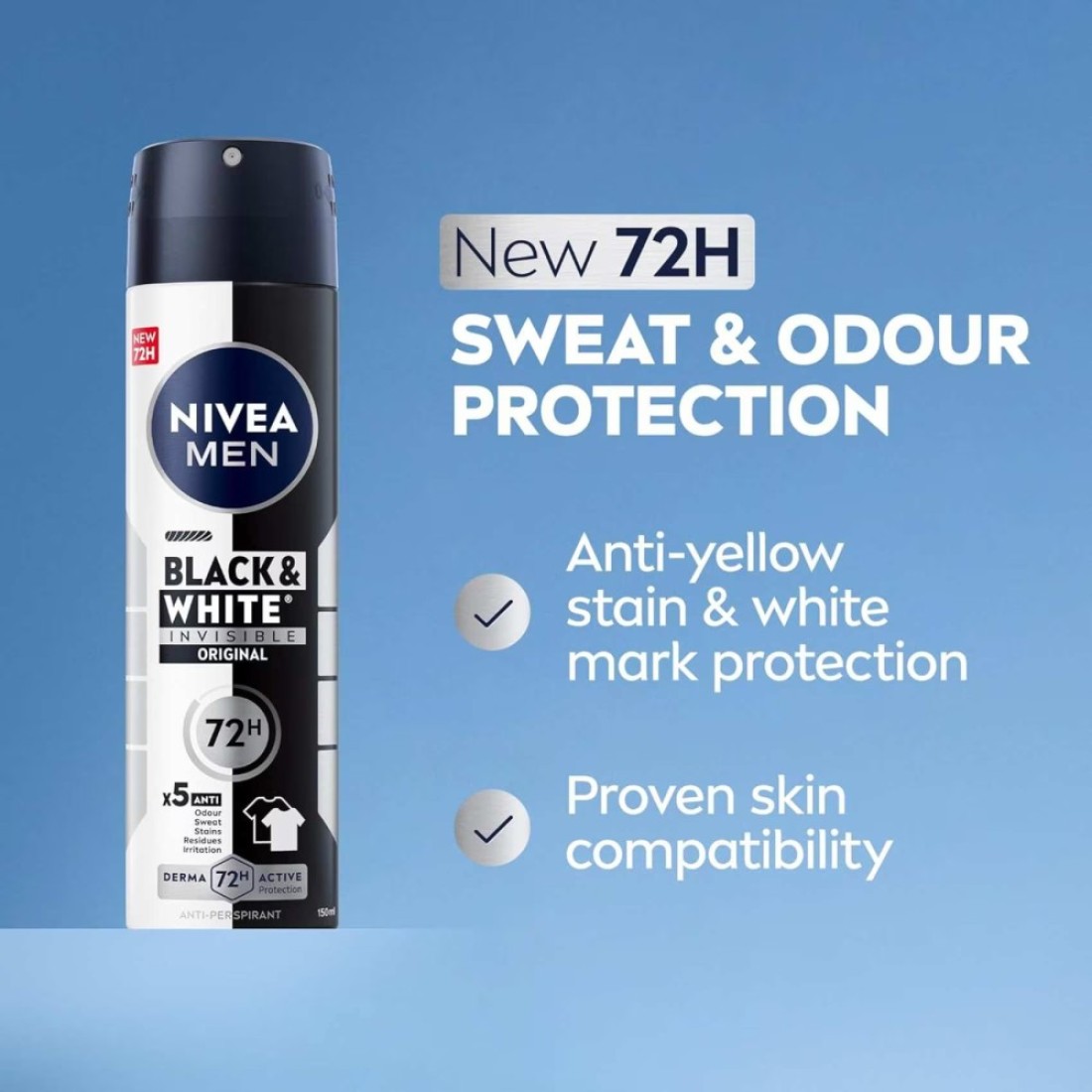 NIVEA MEN Black &amp; White Invisible Antiperspirant Deodorant Spray, Original, 72H Active Protection, 150ml