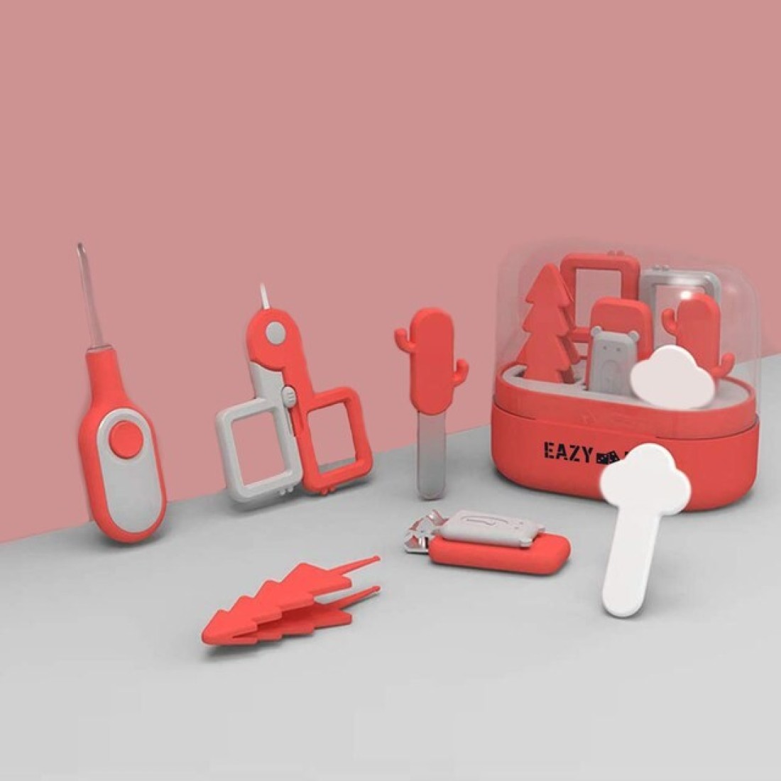 Eazy Kids 6 in 1 Baby Nail Care Set w / Nail Clipper, Scissor, Nail Filers, Ear Cleaning Spoon and Tweezer - Manicure and Pedicure Kit for Newborns, Infants, Children - Red