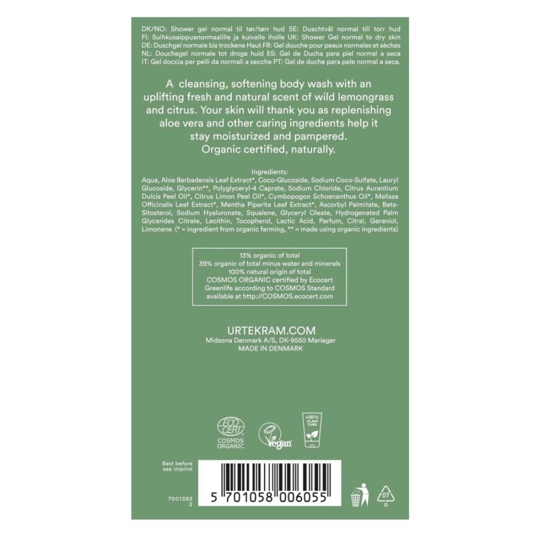 Urtekram Wild Lemongrass Body Wash Green 200ml