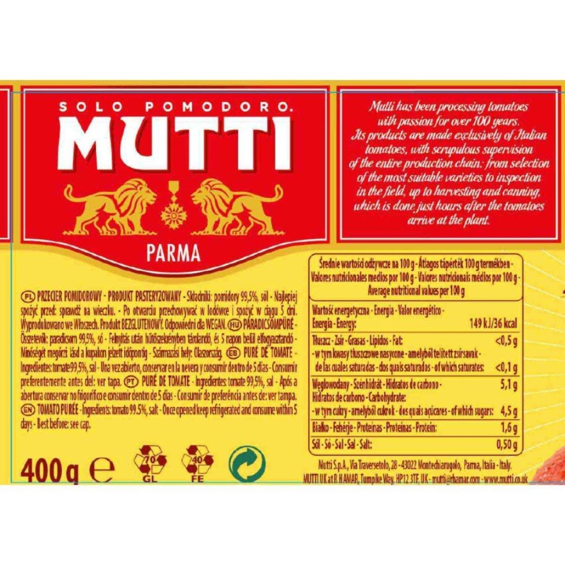 Mutti Passata Tomato Puree Paste, 400g