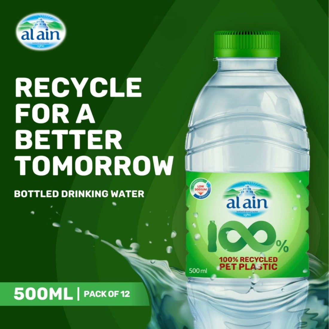 Al Ain Low Sodium Drinking Water Recycled Pet Plastic Bottle 500ml Pack of 12