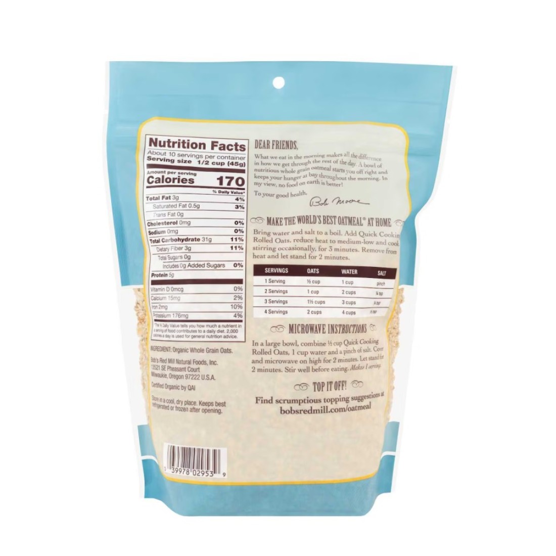 Bob&#39;s Red Mill Non-GMO Organic Whole Grain Quick Cooking Rolled Oats, 454g