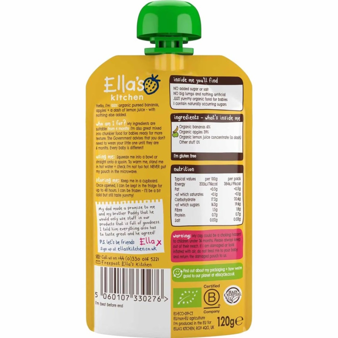 Ella&#39;s Kitchen Gluten Free Dairy Free Organic Super Smooth Bananas and Apples Puree Baby Food, 4 Months+, 120g