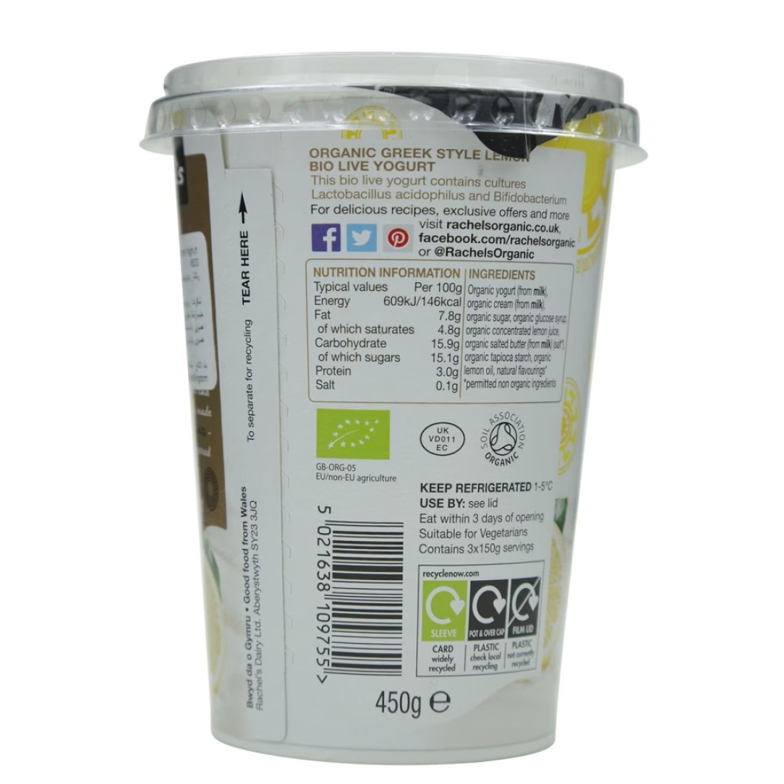 Rachel&#39;s Organic Greek Style Lemon Yoghurt 450g