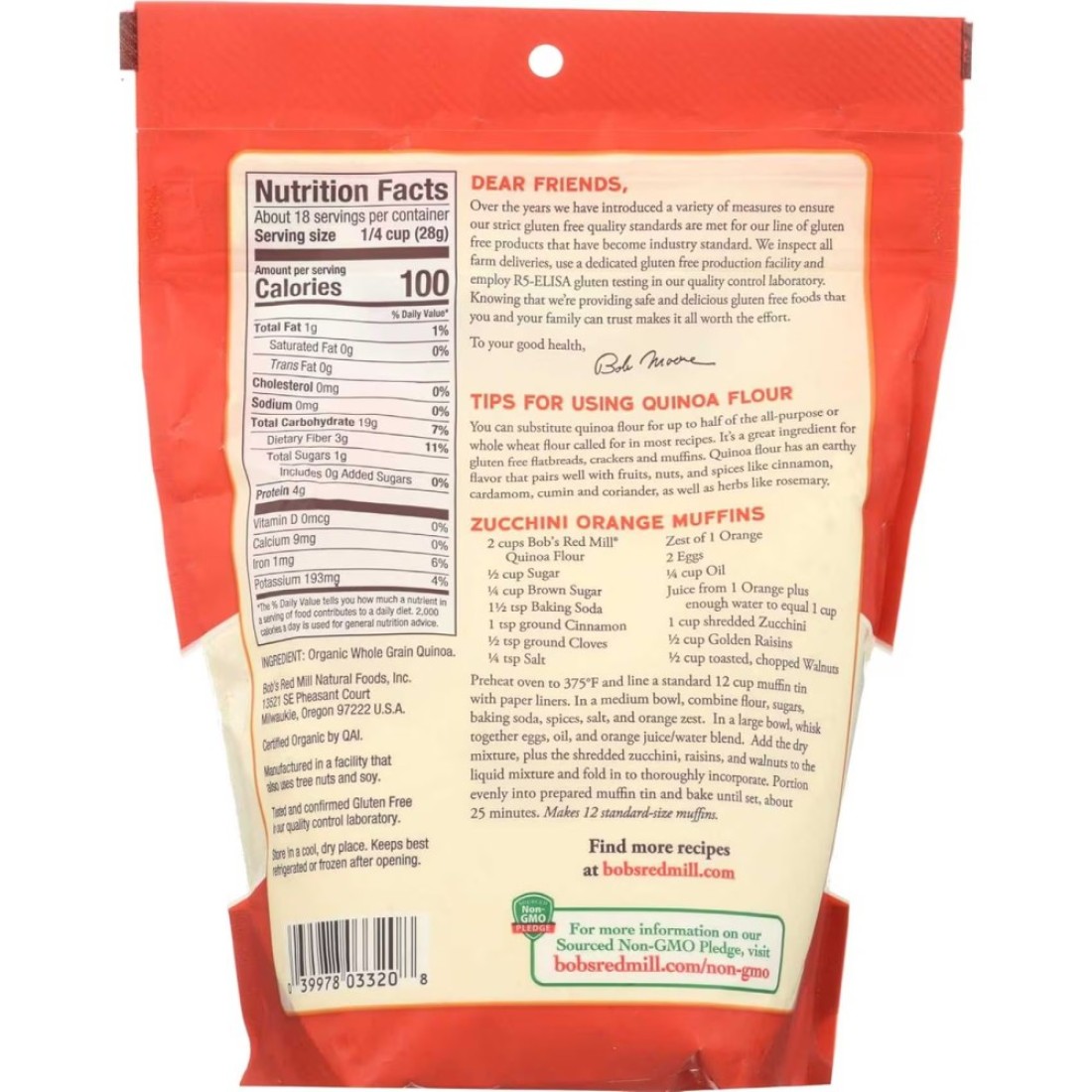Bob&#39;s Red Mill Gluten Free Organic Whole Grain Quinoa Flour, 510g