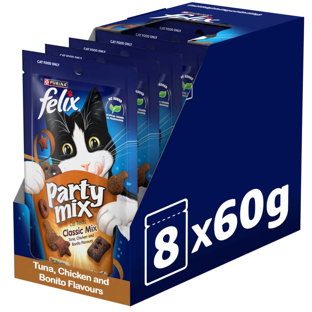 Purina Felix Party Mix Classic Mix Dry Cat Treats, 60g Pack of 8