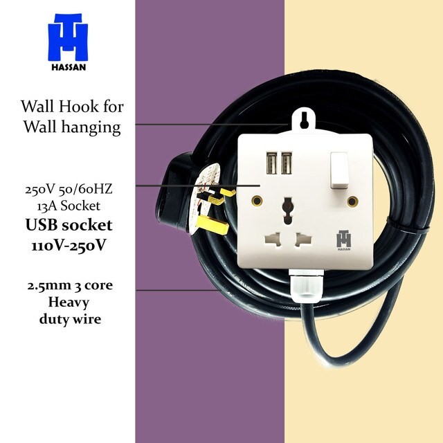 حسن مقبس واحد USB منفذ طاقة عالمي سلك تمديد 30 متر ، أبيض ، شاحن موبايل ، تمديد سلك طويل