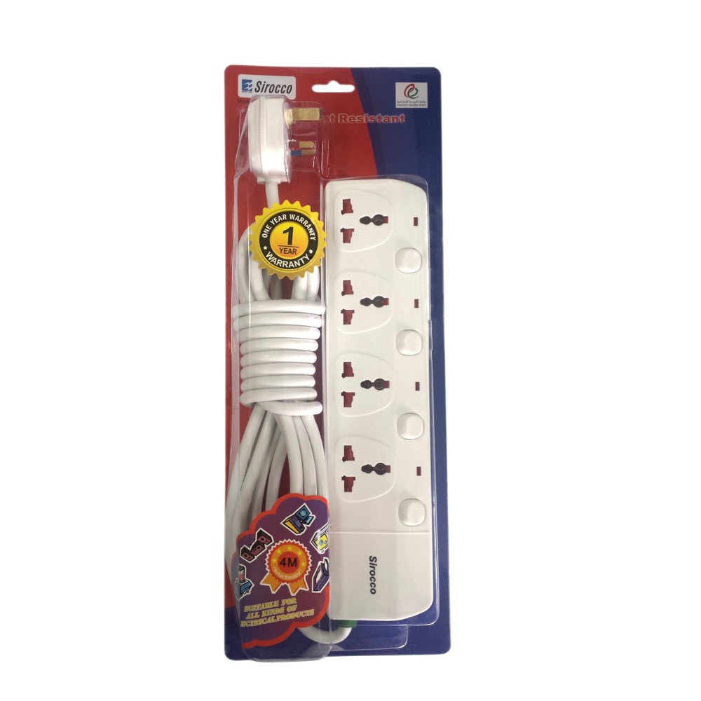 Sirocco 4-Way Universal Extension Socket White 4m