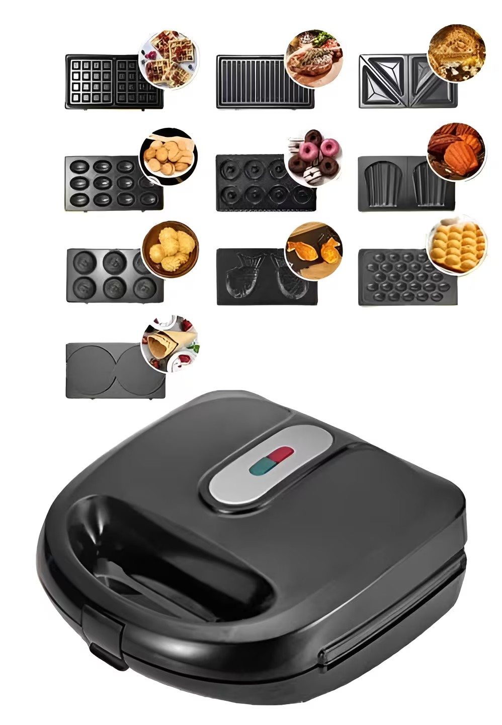 Sprintee 10 in 1 Sandwich Maker 750W Multi Function Machine with Changeable Plates for Waffle, Grill, Donut, Sandwich, 5 Cookie Designs, Nut Shapes, & Cone Maker Non Stick Coating