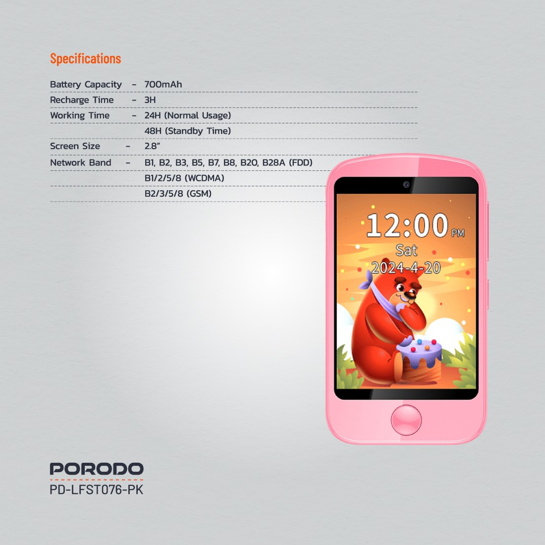 Porodo Kids 4G Smart Phone with SOS Calling, 700mAh Battery, 24H Normal Usage, 48H Standby, 2.8&quot; Display, Child-Friendly Design, Durable Build, Lightweight &amp; Easy to Use - Pink
