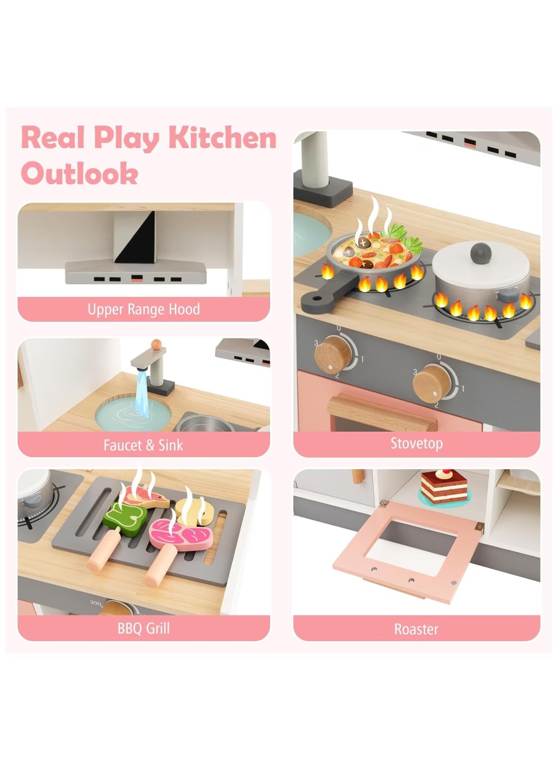 3-in-1 Wooden Kids Kitchen Playset &ndash; Natural Pretend Toy Kitchen with Refrigerator, Barbecue Grill, Range Hood, and Bowl Rack for Toddlers Little Chef Play Set