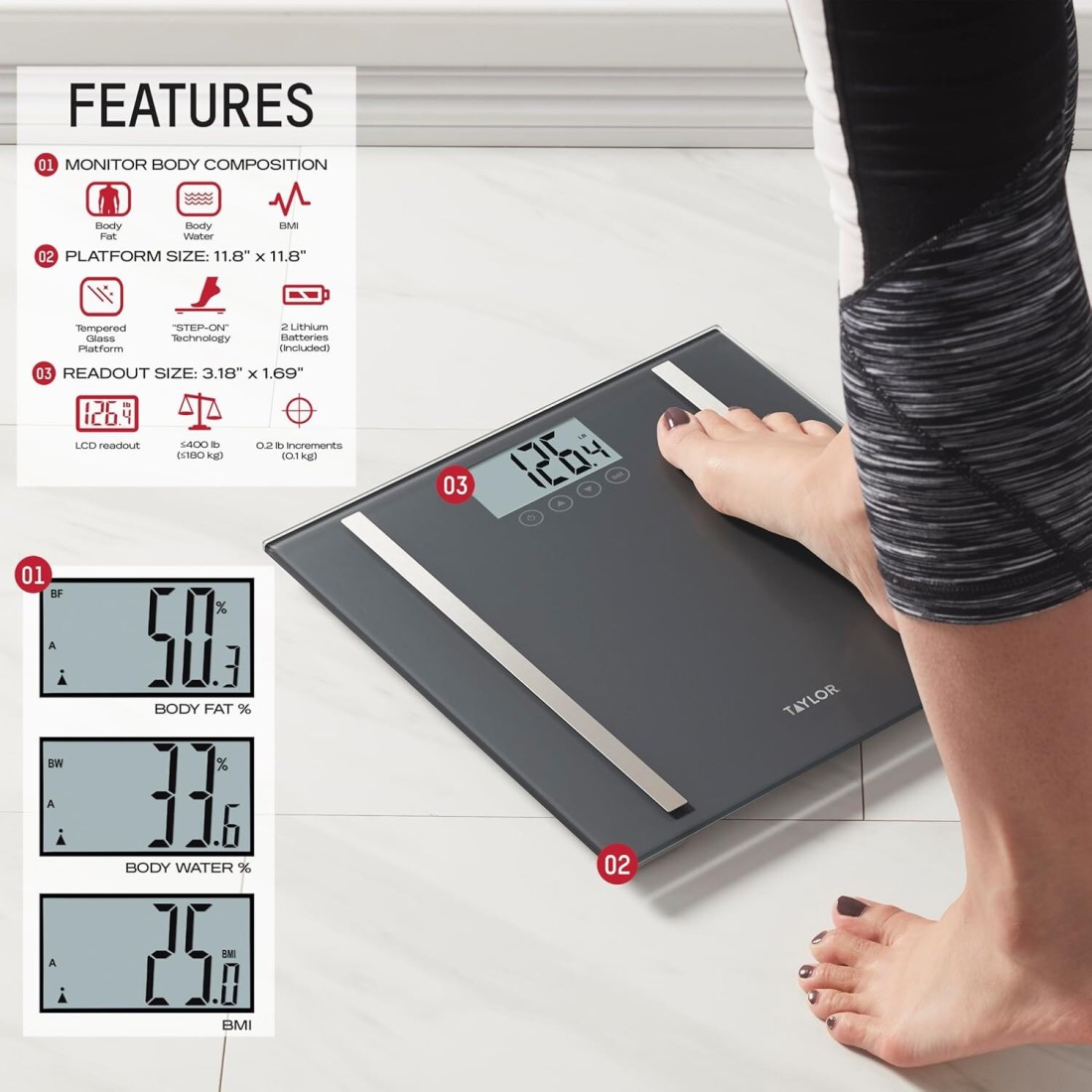 Taylor Digital Body Composition Scale, Bathroom Scale for Body Weight, Measures Body Fat, Body Water &amp; Muscle Mass, 8 User Recognition, Normal &amp; Athlete Modes, FSA HSA Eligible, 400 lb Capacity, Black