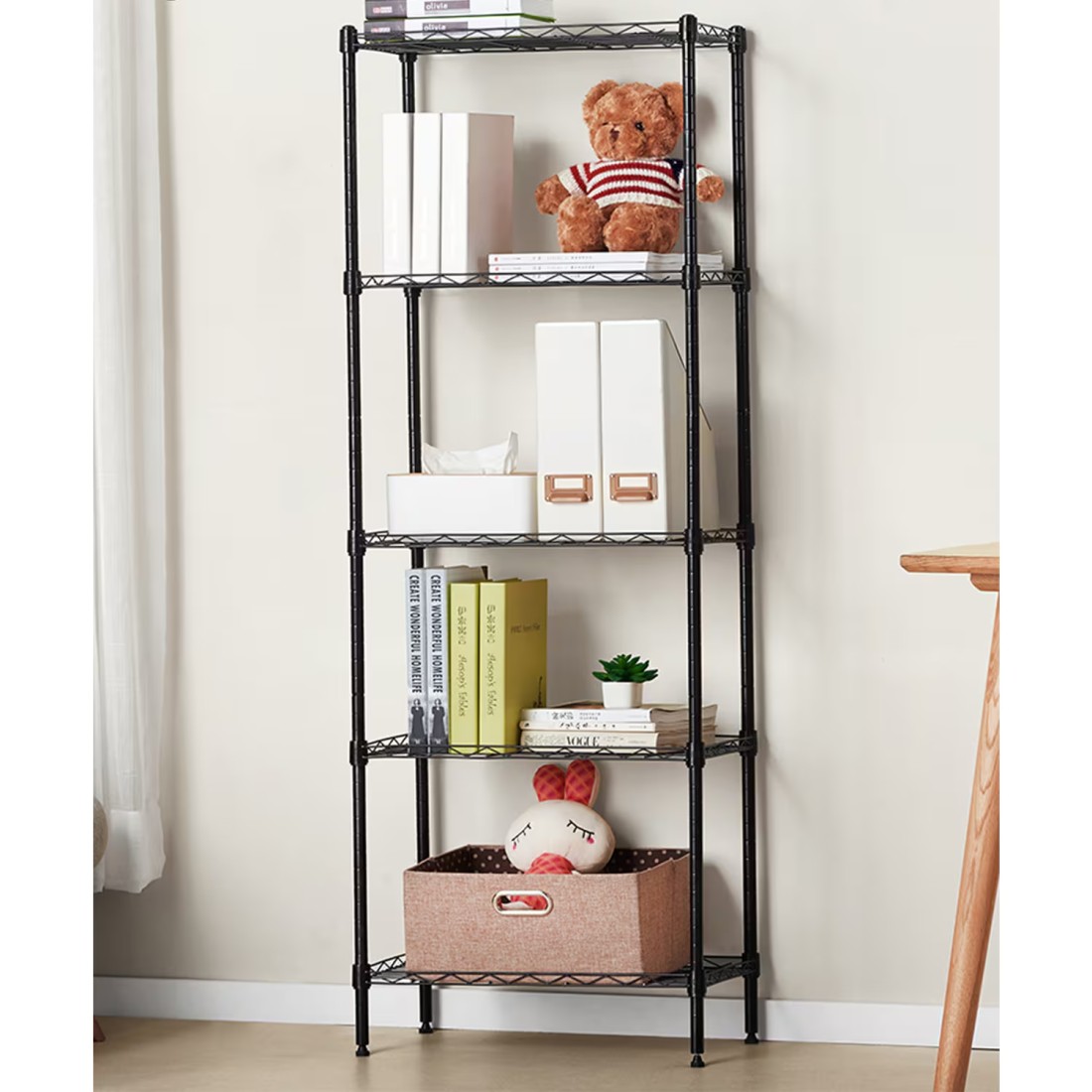 Generic-5 Tier Wire Shelves Heavy Duty Height Adjustable Storage Wire Shelf Shelving Rack Microwave Stand with 4 Side Hooks Leveling Feet