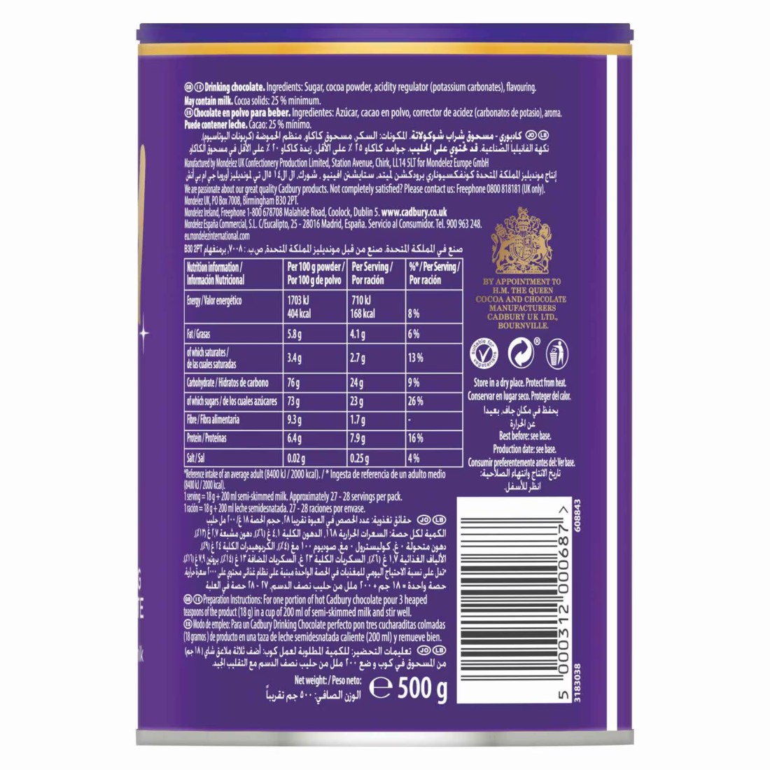 Cadbury Original Drinking Hot Chocolate, 500g