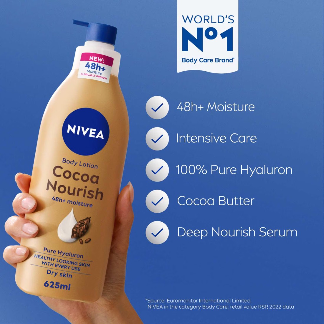 NIVEA Body Lotion, Dry Skin, Cocoa Butter, 48H Deep Moisture, 625ml