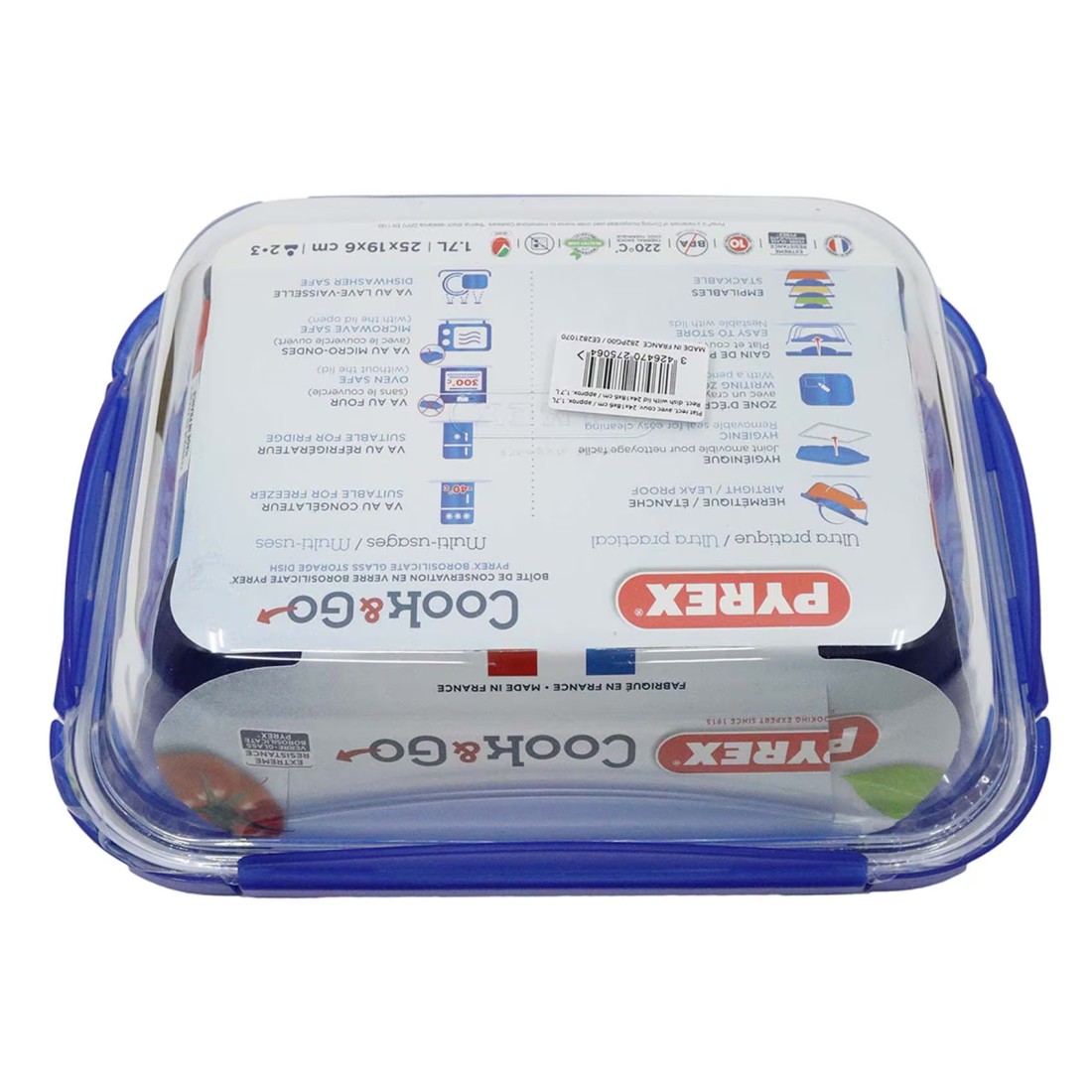 Pyrex Cook &amp; Go Rectangular Food Container With Lid Clear/Blue 1.7L