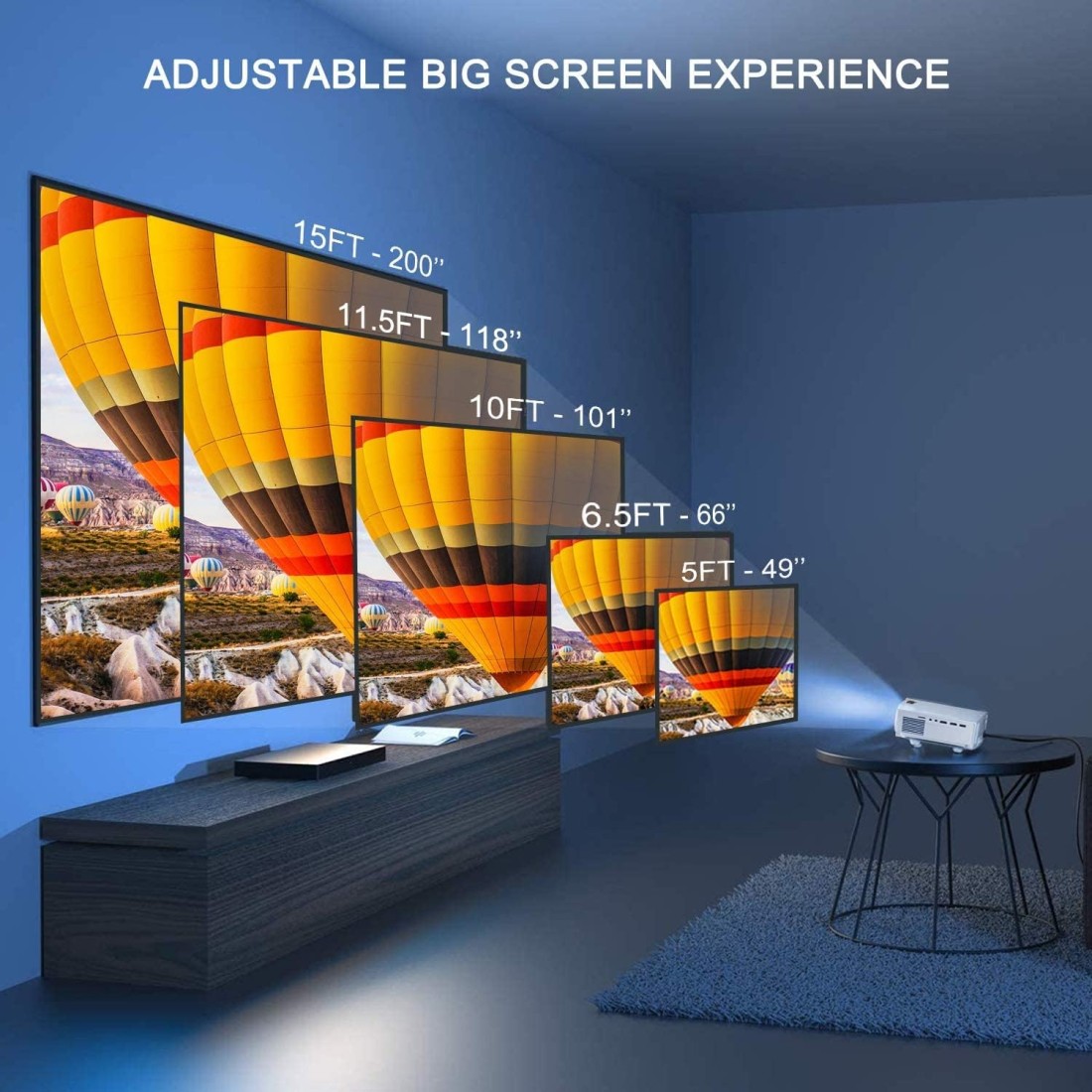 FunLites &nbsp; Bluetooth 1080P Projector,+80% Brightness Video Projector with 200&quot; Display 60,000 Hrs Led Home Theater Projector,Native 1080P Compatible with Fire TV Stick,PS4, HDMI, VGA, AV and USB
