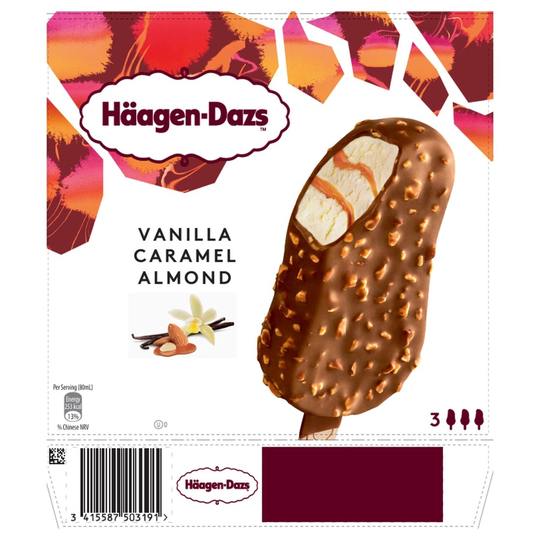 Haagen-Dazs Vanilla, Caramel, Almond Ice Cream Stick, 80ml Pack of 3