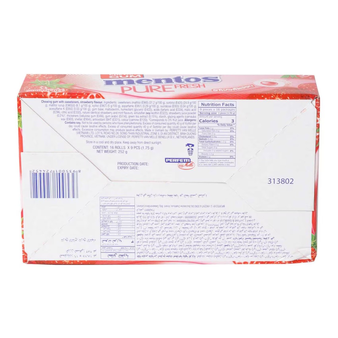 Mentos Pure Fresh Sugar Free Chewing Gum Strawberry Flavour Rolls, 15.75g Pack of 16