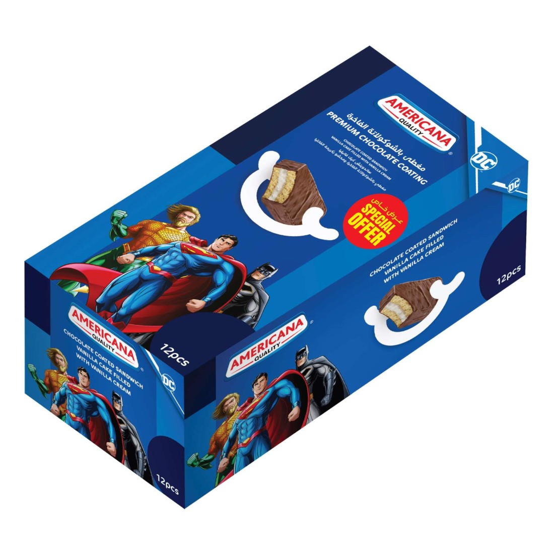 Americana DC Spiderman Premium Chocolate Coating Sandwich Vanilla Cake Filled With Vanilla Cream 35g Pack of 12