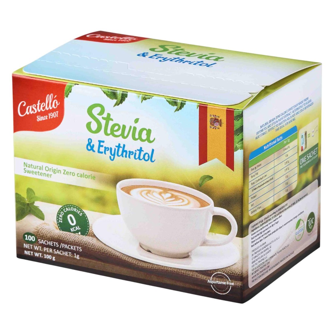 Castello Stevia and Erythritol Natural Origin Zero Calorie Sweetener Sachets, 100g