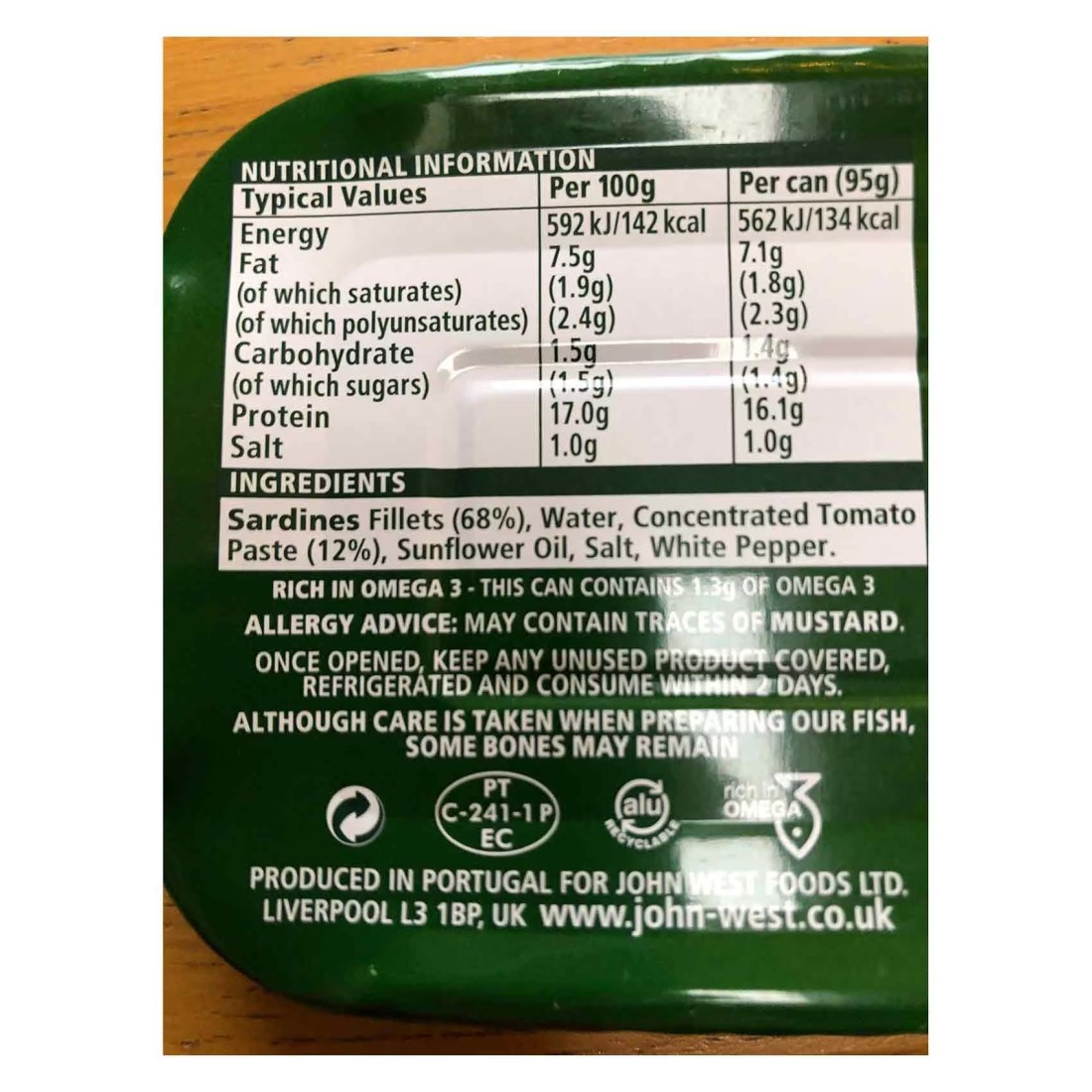 John West Boneless Sardines In Tomato Sauce 95g