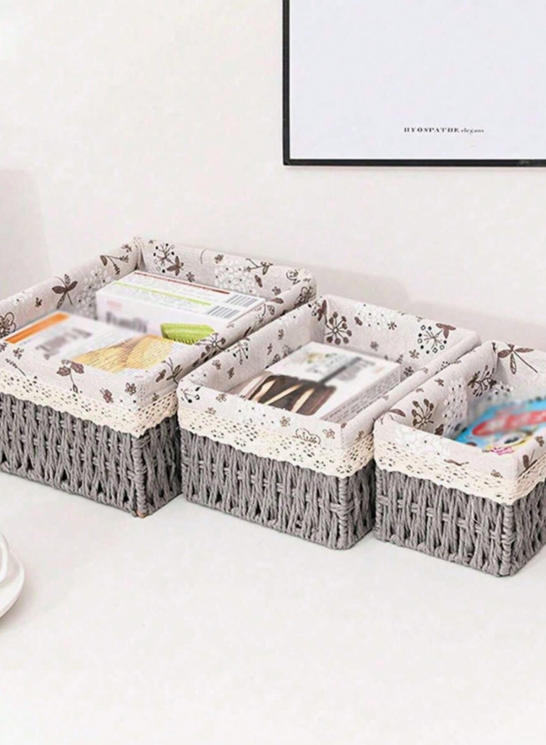 Set of 3 Eco-Friendly Handwoven Storage Baskets &ndash; Durable Woven Bins with Sturdy Plastic Frame and Removable Liners for Toys, Books, and Toiletries &ndash; Decorative and Versatile Home Organization - Grey