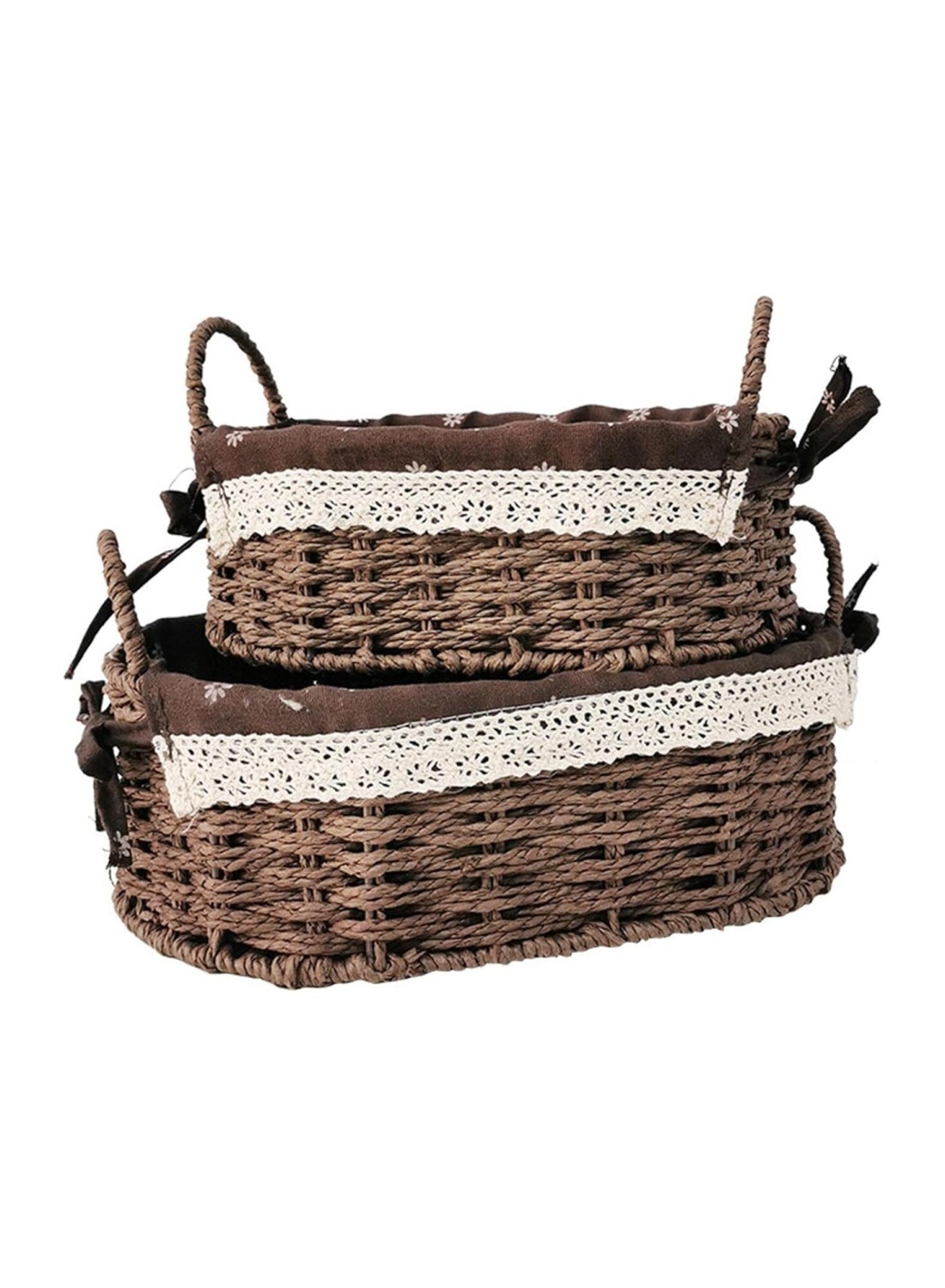 Set of 2 Eco-Friendly Oval Handwoven Storage Baskets with Handles, Durable Woven Bins with Sturdy Frame and Removable Liners for Home Organization in Living Room, Bedroom, Bathroom and Nursery-Brown