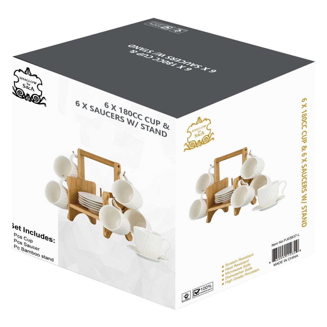 Shallow S&amp;A Coffee Cup and Saucer Set with Bamboo Stand 90ml 12 PCS
