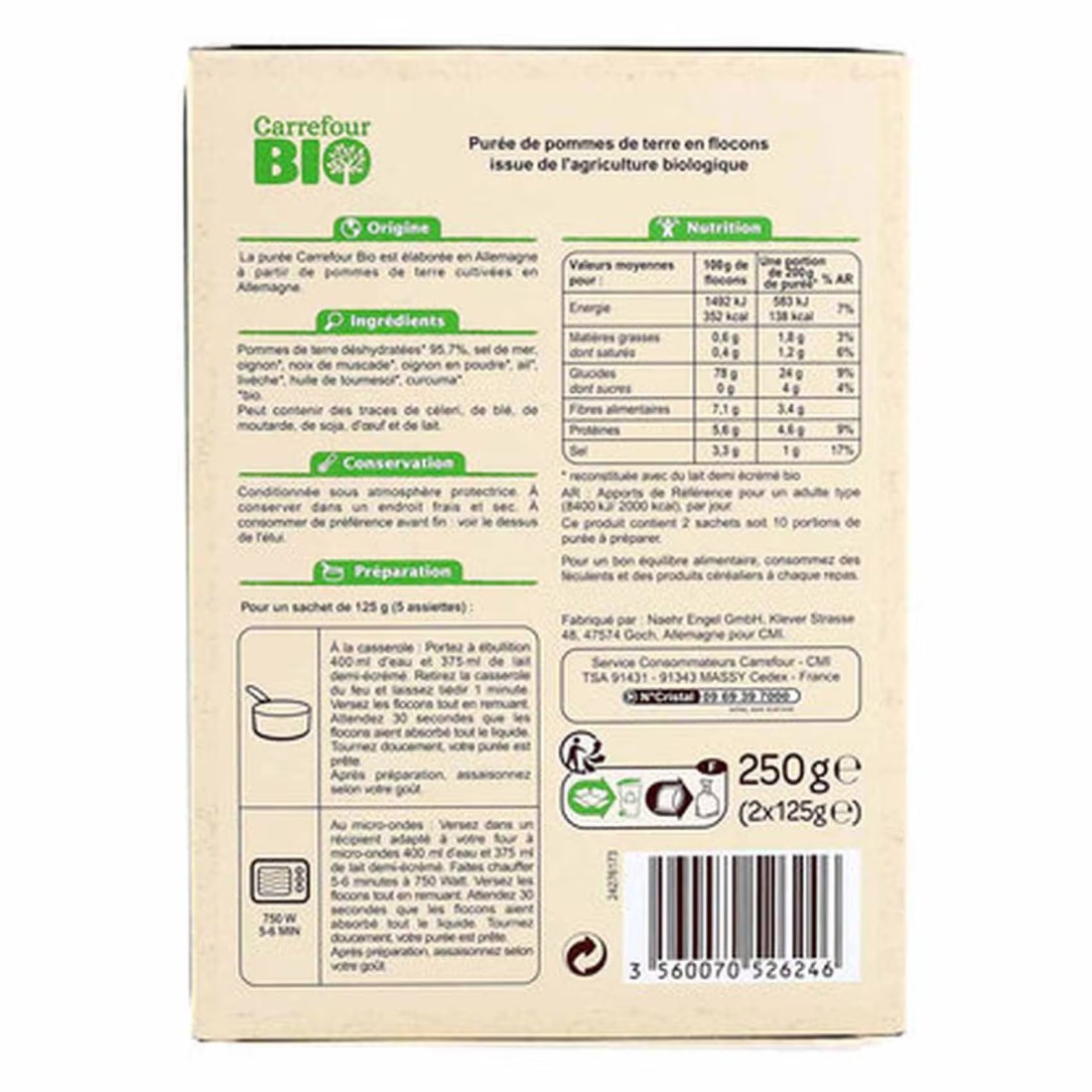 Carrefour Bio Mashed Potato Puree 125g Pack of 2